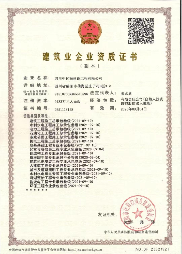 四川中億海建設(shè)工程有限公司證書(shū)